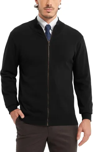 Kallspin Men's Pure Cotton Full Zip Up Sweater Cardigan Stand Collar Lightweight Knitted Cardigan Casual Outerwear