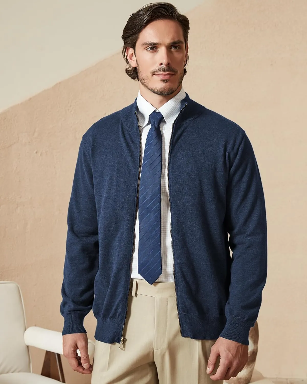 Kallspin Men's Pure Cotton Full Zip Up Sweater Cardigan Stand Collar Lightweight Knitted Cardigan Casual Outerwear