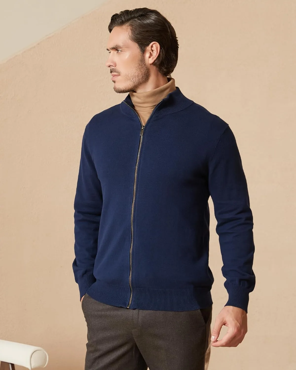 Kallspin Men's Pure Cotton Full Zip Up Sweater Cardigan Stand Collar Lightweight Knitted Cardigan Casual Outerwear