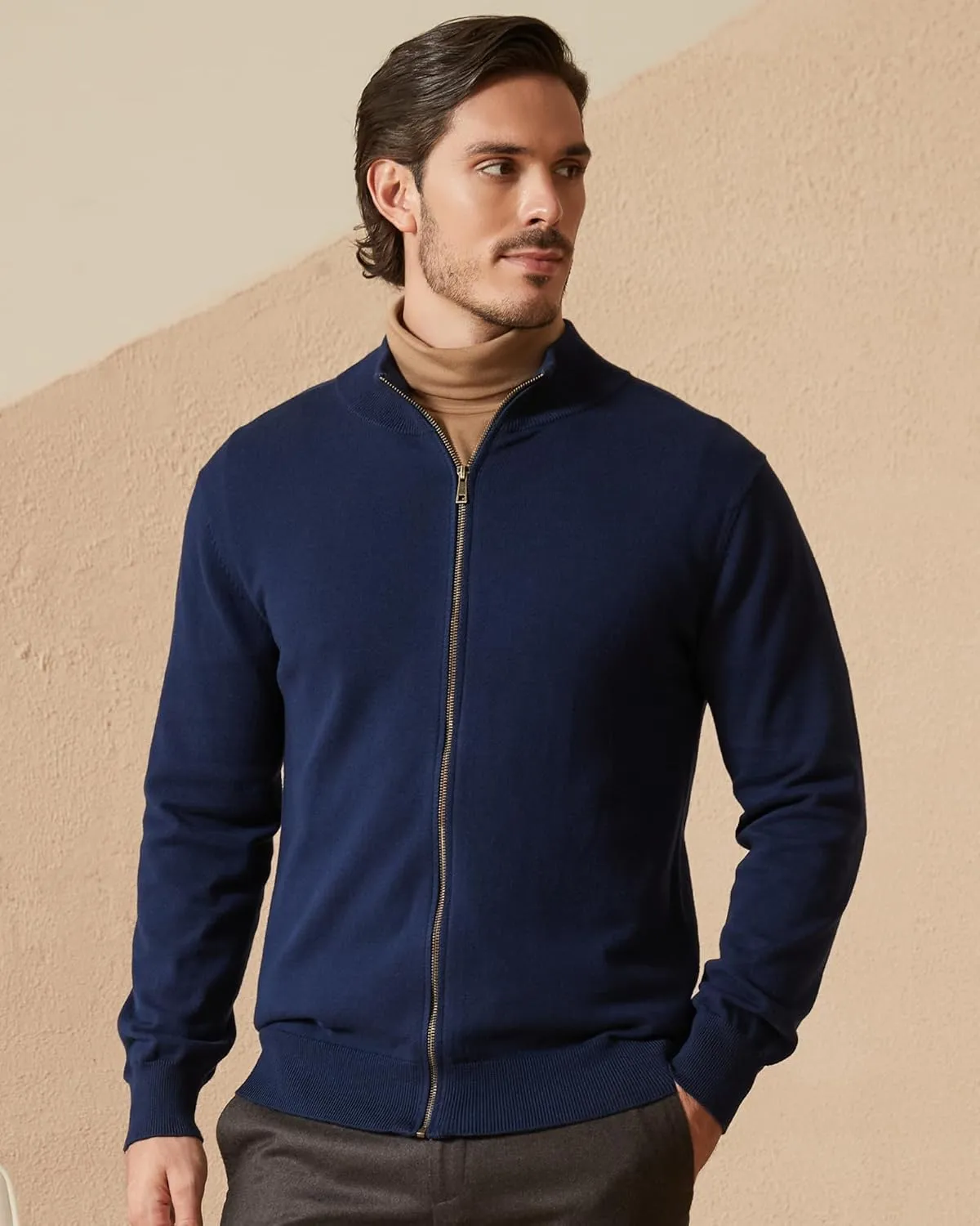 Kallspin Men's Pure Cotton Full Zip Up Sweater Cardigan Stand Collar Lightweight Knitted Cardigan Casual Outerwear