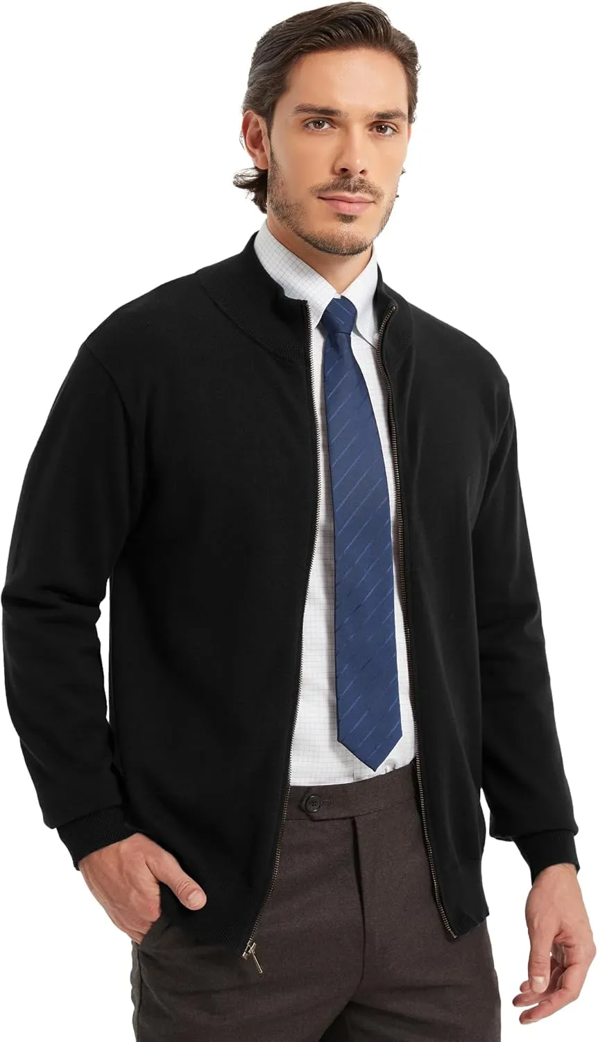 Kallspin Men's Pure Cotton Full Zip Up Sweater Cardigan Stand Collar Lightweight Knitted Cardigan Casual Outerwear