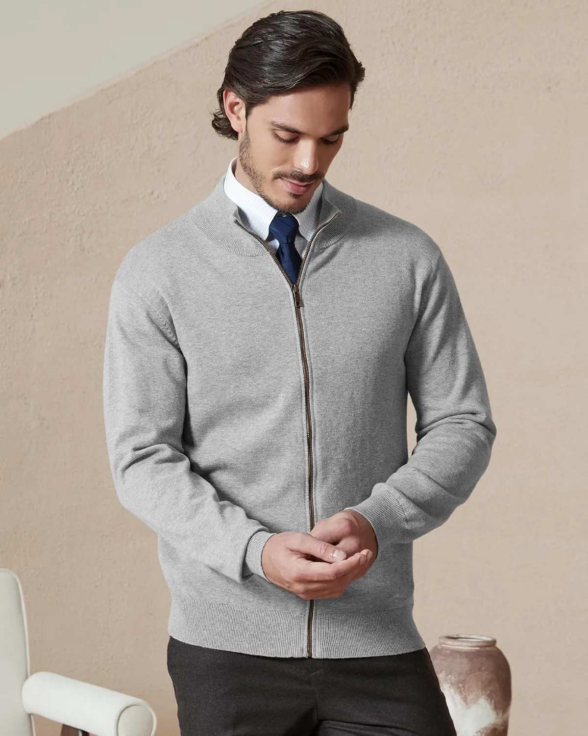 Kallspin Men's Pure Cotton Full Zip Up Sweater Cardigan Stand Collar Lightweight Knitted Cardigan Casual Outerwear