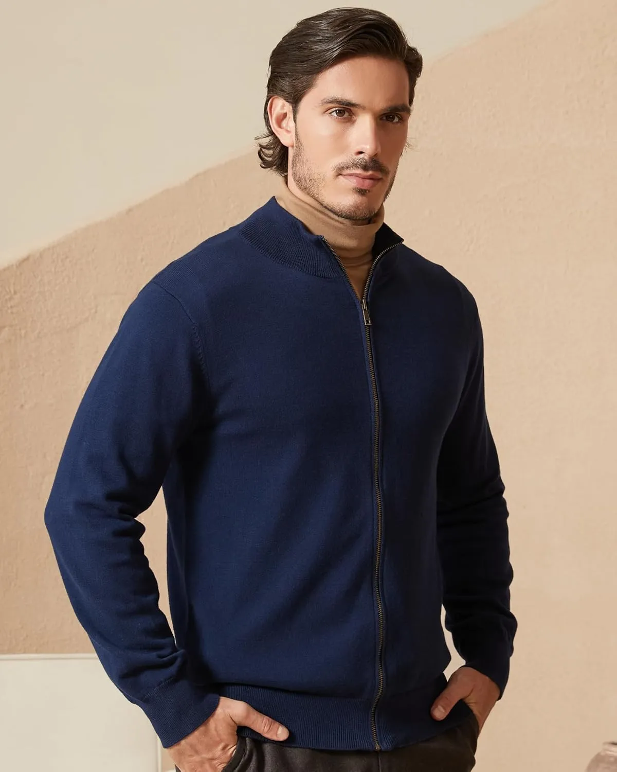 Kallspin Men's Pure Cotton Full Zip Up Sweater Cardigan Stand Collar Lightweight Knitted Cardigan Casual Outerwear