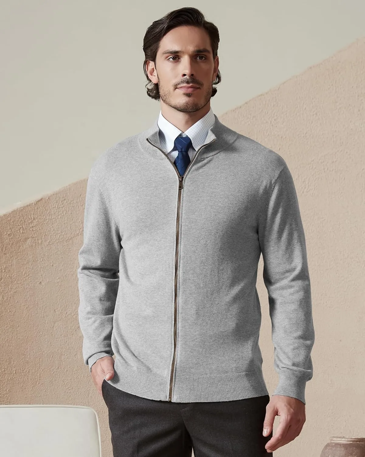 Kallspin Men's Pure Cotton Full Zip Up Sweater Cardigan Stand Collar Lightweight Knitted Cardigan Casual Outerwear