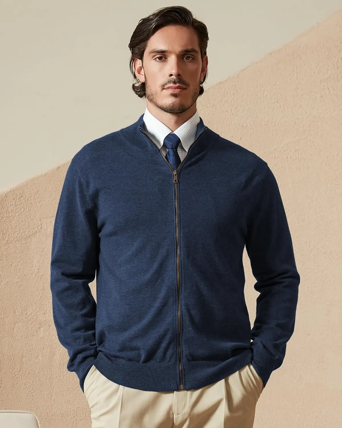 Kallspin Men's Pure Cotton Full Zip Up Sweater Cardigan Stand Collar Lightweight Knitted Cardigan Casual Outerwear
