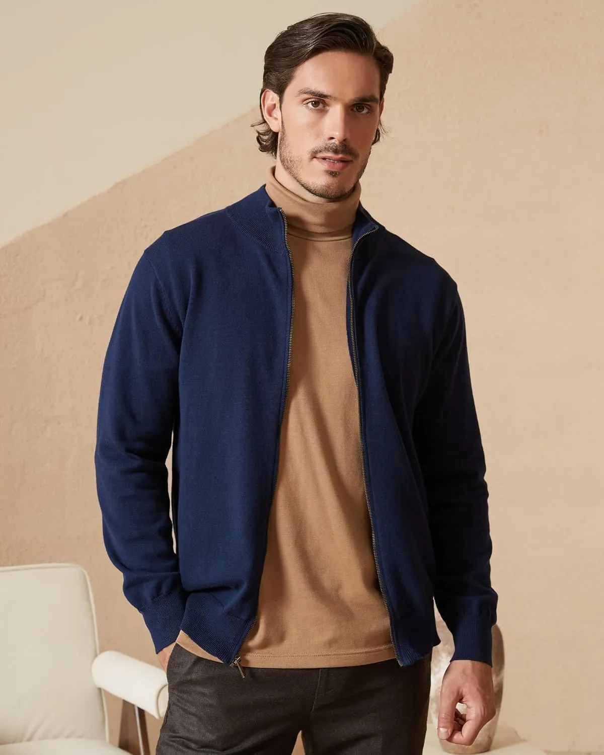 Kallspin Men's Pure Cotton Full Zip Up Sweater Cardigan Stand Collar Lightweight Knitted Cardigan Casual Outerwear