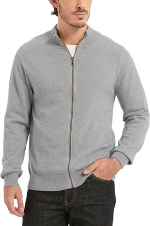 Kallspin Men's Pure Cotton Full Zip Up Sweater Cardigan Stand Collar Lightweight Knitted Cardigan Casual Outerwear
