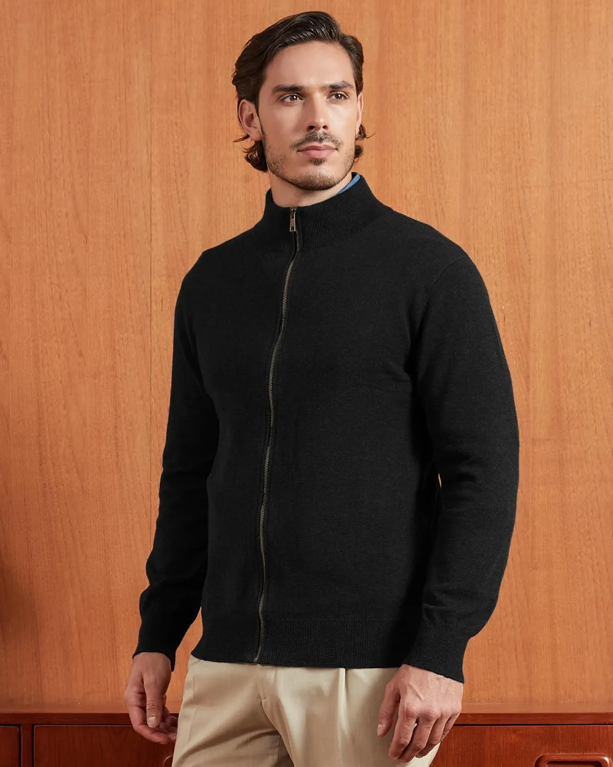Kallspin Men's Pure Cotton Full Zip Up Sweater Cardigan Stand Collar Lightweight Knitted Cardigan Casual Outerwear