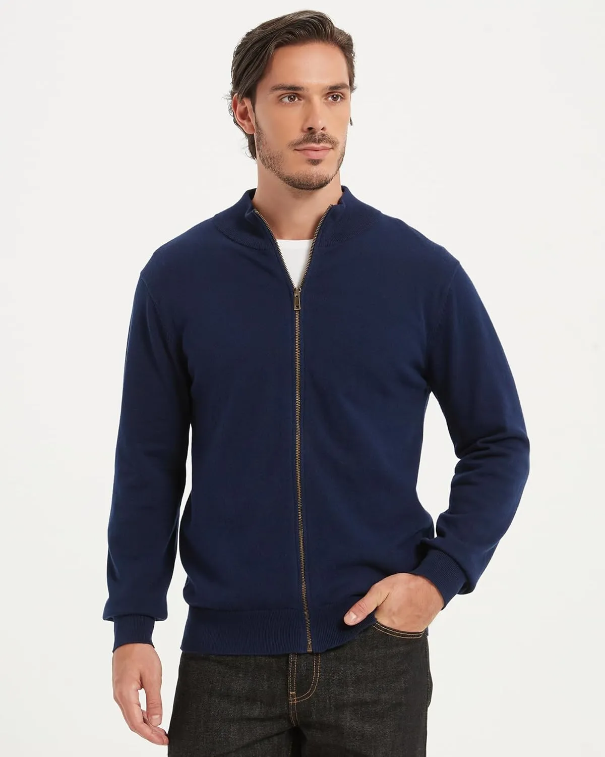 Kallspin Men's Pure Cotton Full Zip Up Sweater Cardigan Stand Collar Lightweight Knitted Cardigan Casual Outerwear