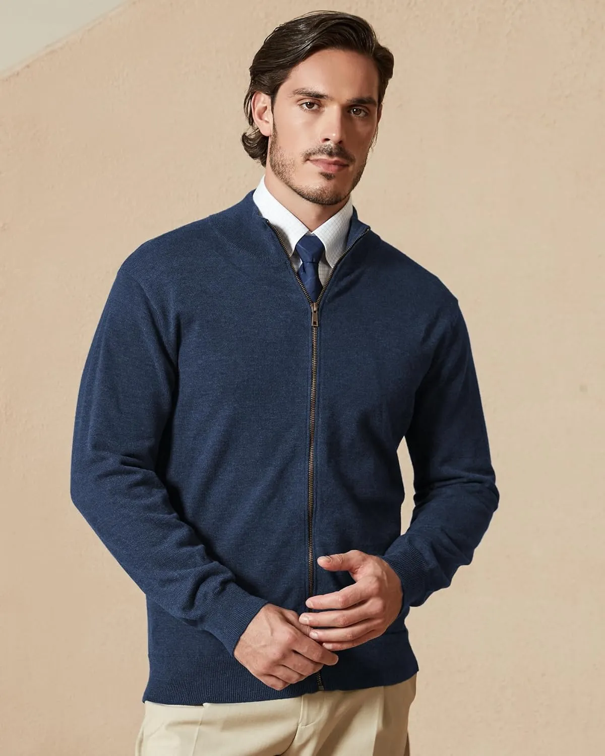 Kallspin Men's Pure Cotton Full Zip Up Sweater Cardigan Stand Collar Lightweight Knitted Cardigan Casual Outerwear