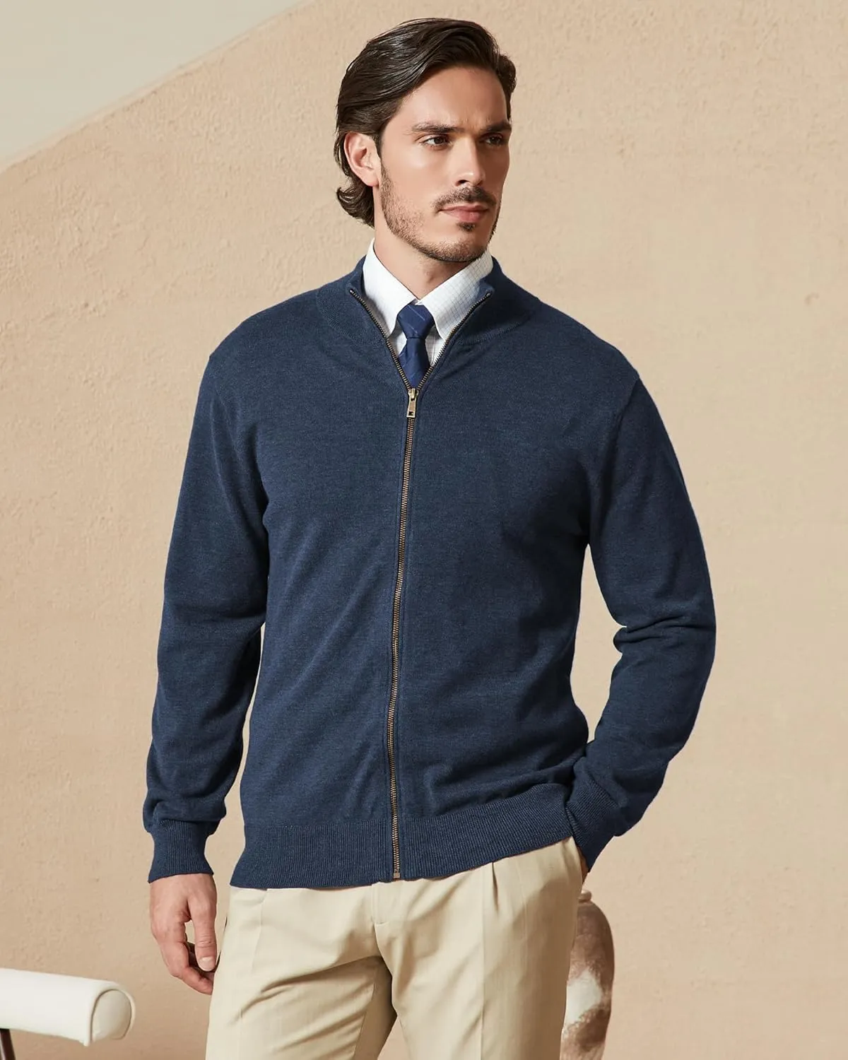 Kallspin Men's Pure Cotton Full Zip Up Sweater Cardigan Stand Collar Lightweight Knitted Cardigan Casual Outerwear
