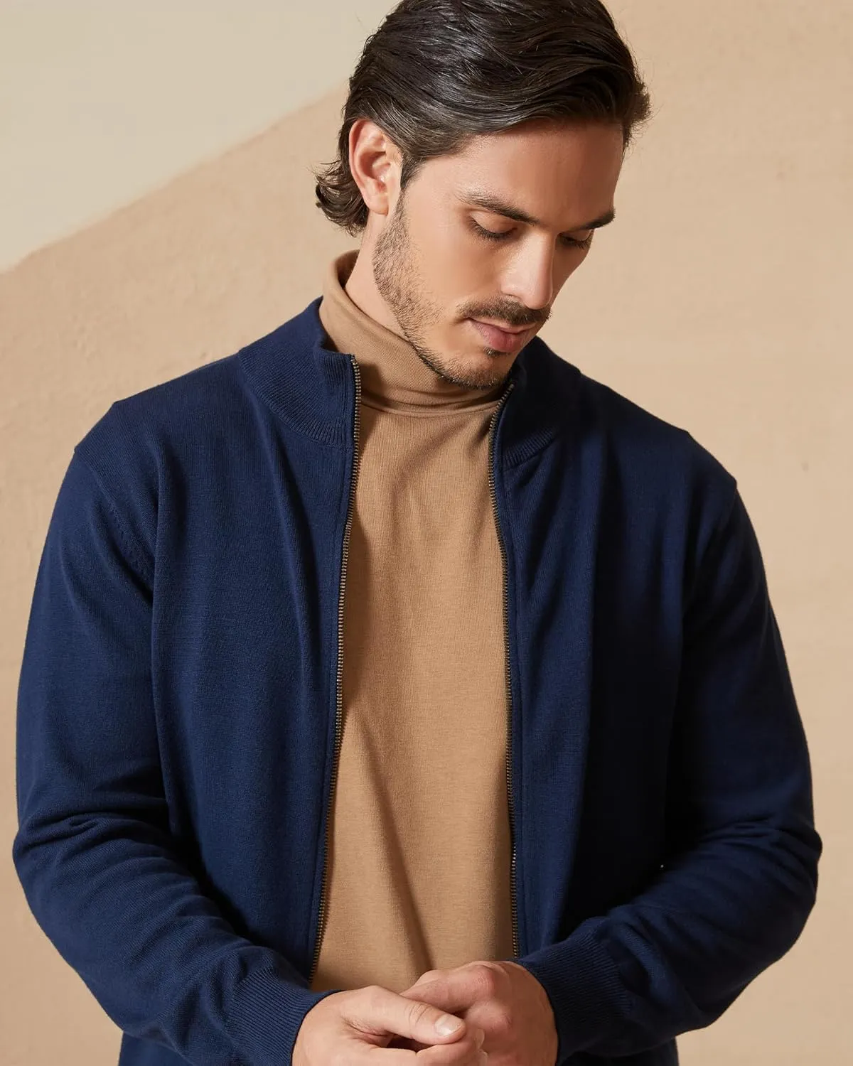 Kallspin Men's Pure Cotton Full Zip Up Sweater Cardigan Stand Collar Lightweight Knitted Cardigan Casual Outerwear