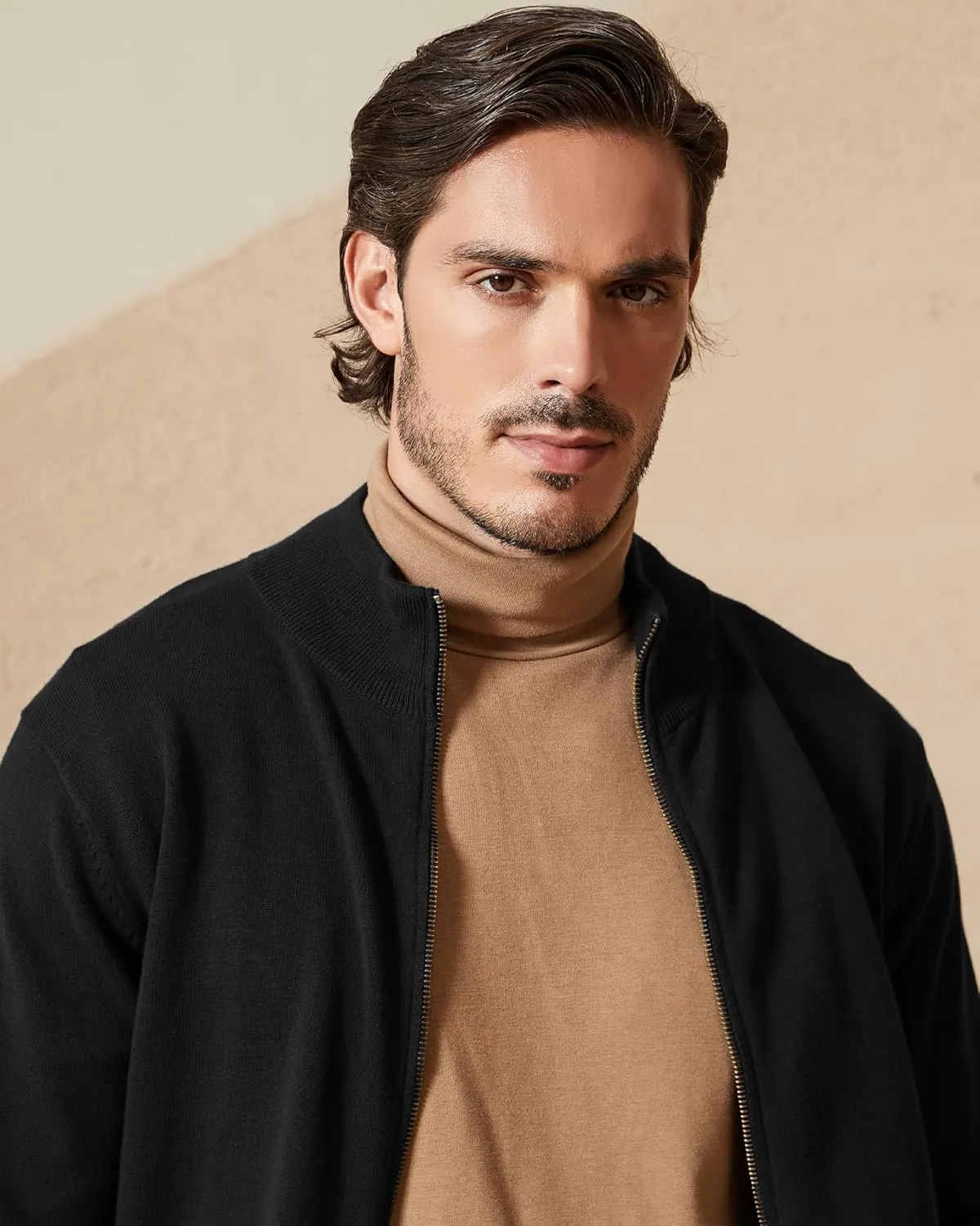Kallspin Men's Pure Cotton Full Zip Up Sweater Cardigan Stand Collar Lightweight Knitted Cardigan Casual Outerwear