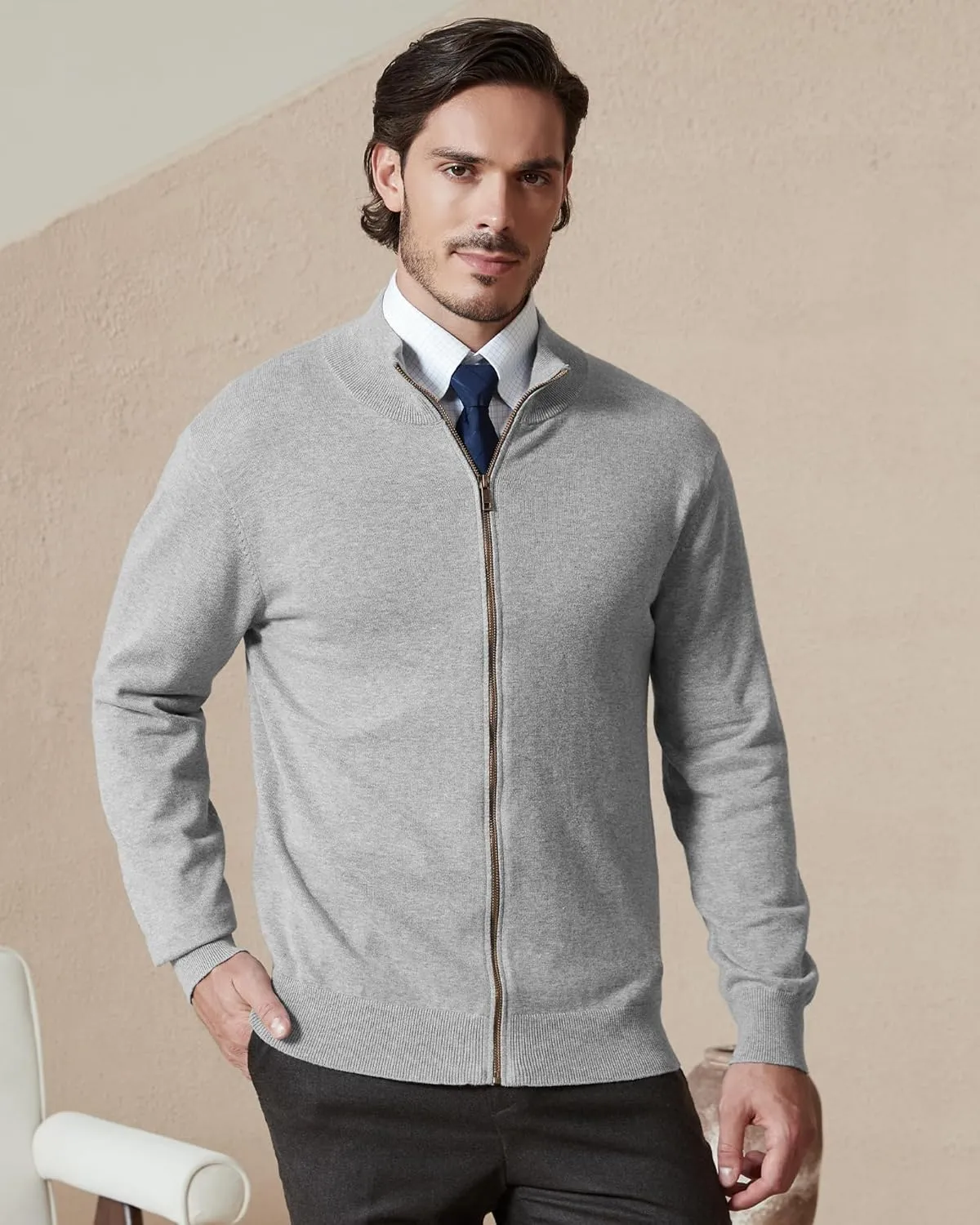 Kallspin Men's Pure Cotton Full Zip Up Sweater Cardigan Stand Collar Lightweight Knitted Cardigan Casual Outerwear