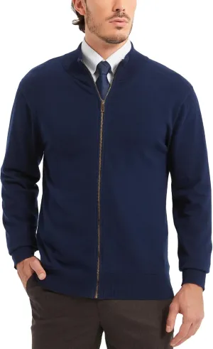 Kallspin Men's Pure Cotton Full Zip Up Sweater Cardigan Stand Collar Lightweight Knitted Cardigan Casual Outerwear