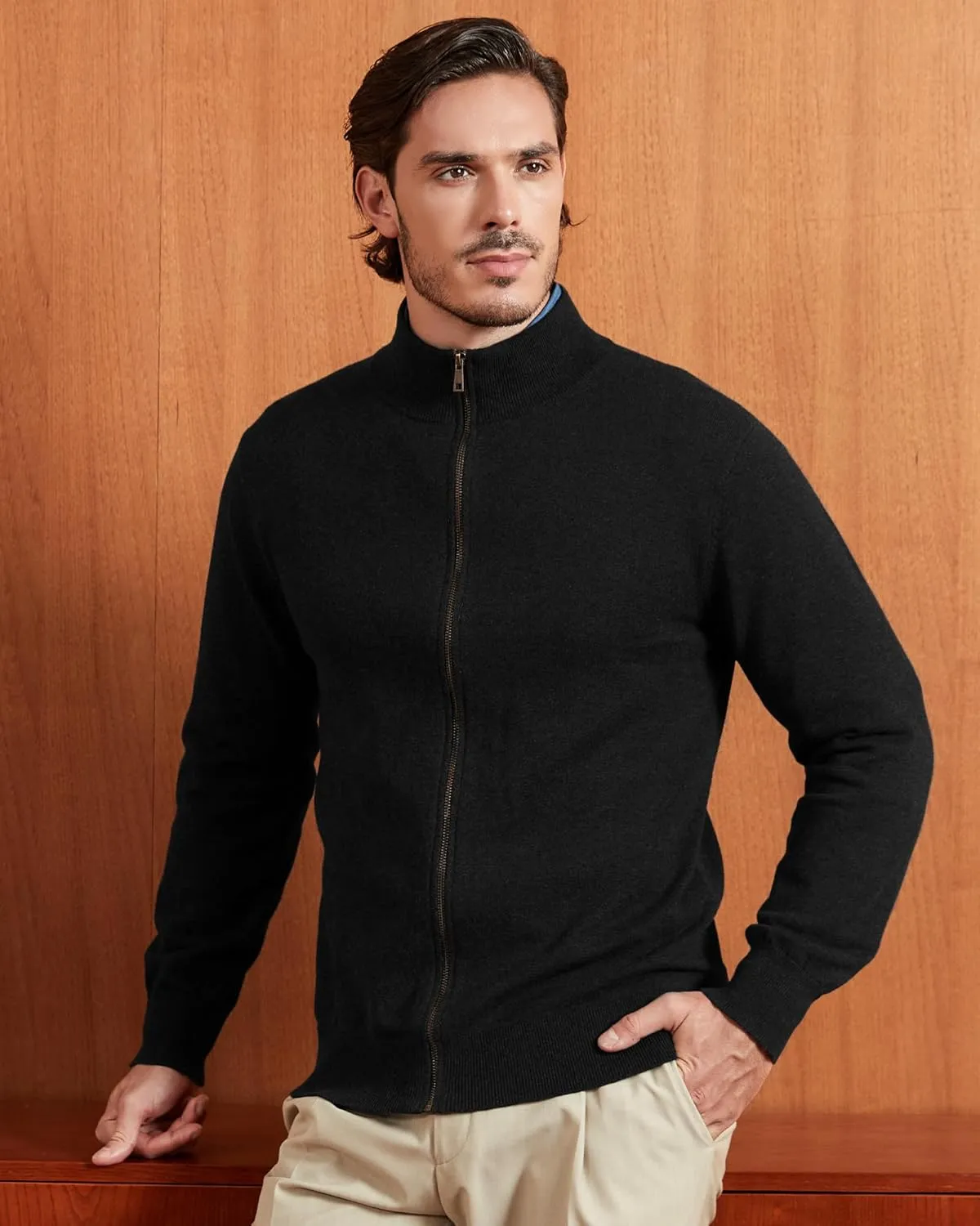 Kallspin Men's Pure Cotton Full Zip Up Sweater Cardigan Stand Collar Lightweight Knitted Cardigan Casual Outerwear