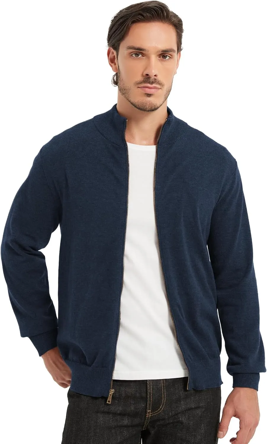 Kallspin Men's Pure Cotton Full Zip Up Sweater Cardigan Stand Collar Lightweight Knitted Cardigan Casual Outerwear