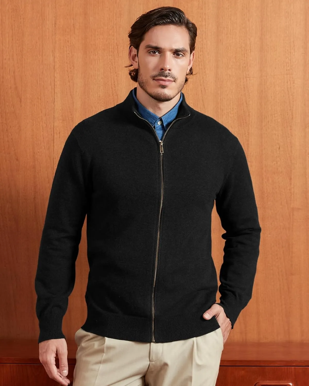 Kallspin Men's Pure Cotton Full Zip Up Sweater Cardigan Stand Collar Lightweight Knitted Cardigan Casual Outerwear