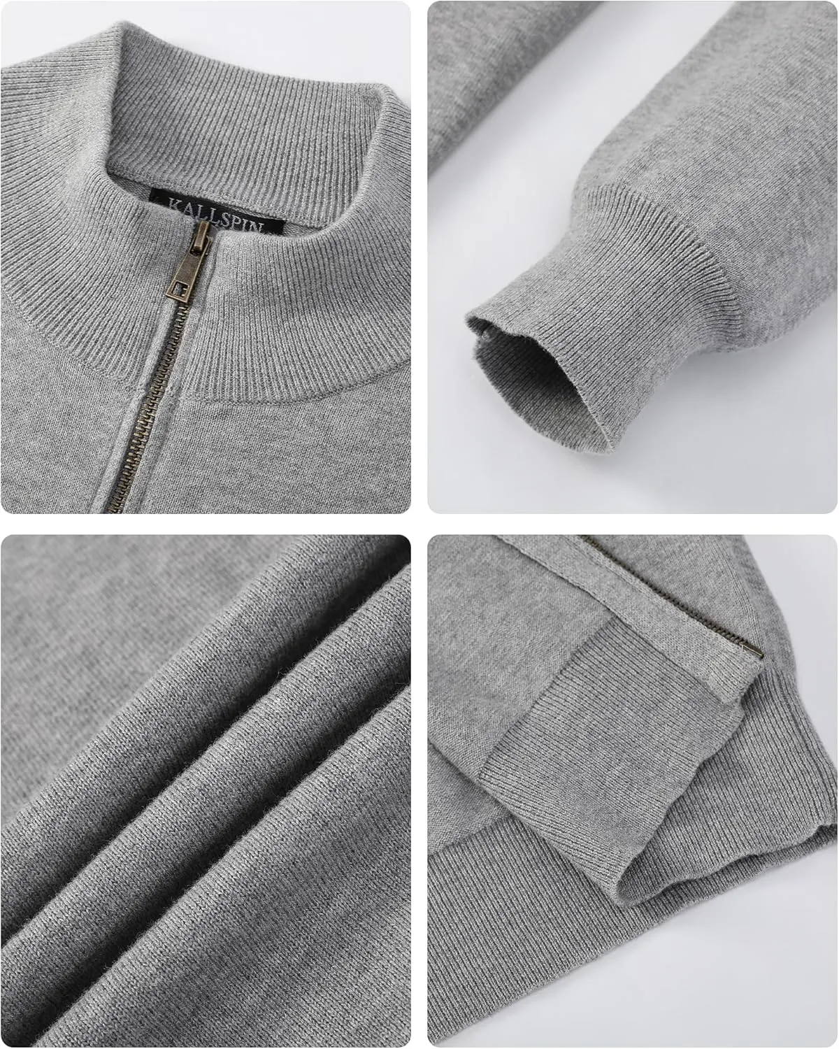 Kallspin Men's Pure Cotton Full Zip Up Sweater Cardigan Stand Collar Lightweight Knitted Cardigan Casual Outerwear