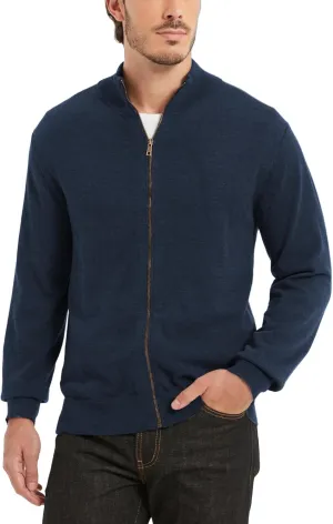 Kallspin Men's Pure Cotton Full Zip Up Sweater Cardigan Stand Collar Lightweight Knitted Cardigan Casual Outerwear