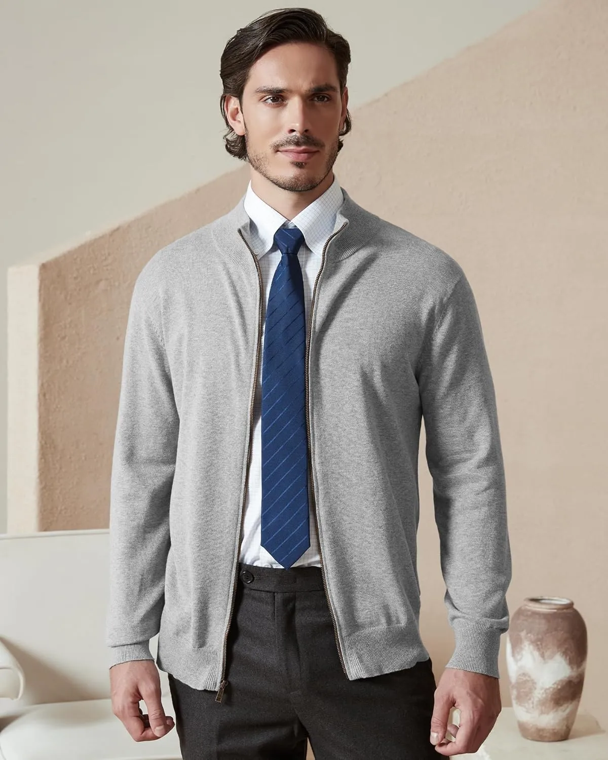 Kallspin Men's Pure Cotton Full Zip Up Sweater Cardigan Stand Collar Lightweight Knitted Cardigan Casual Outerwear