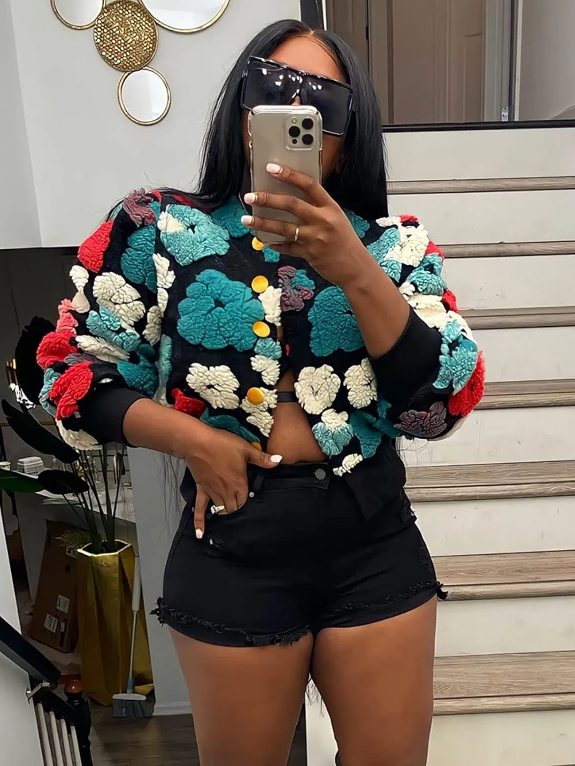 KANSOON Wool Coats for Women Floral Puff Sleeve Single Breasted Short Fall Winter Jacket