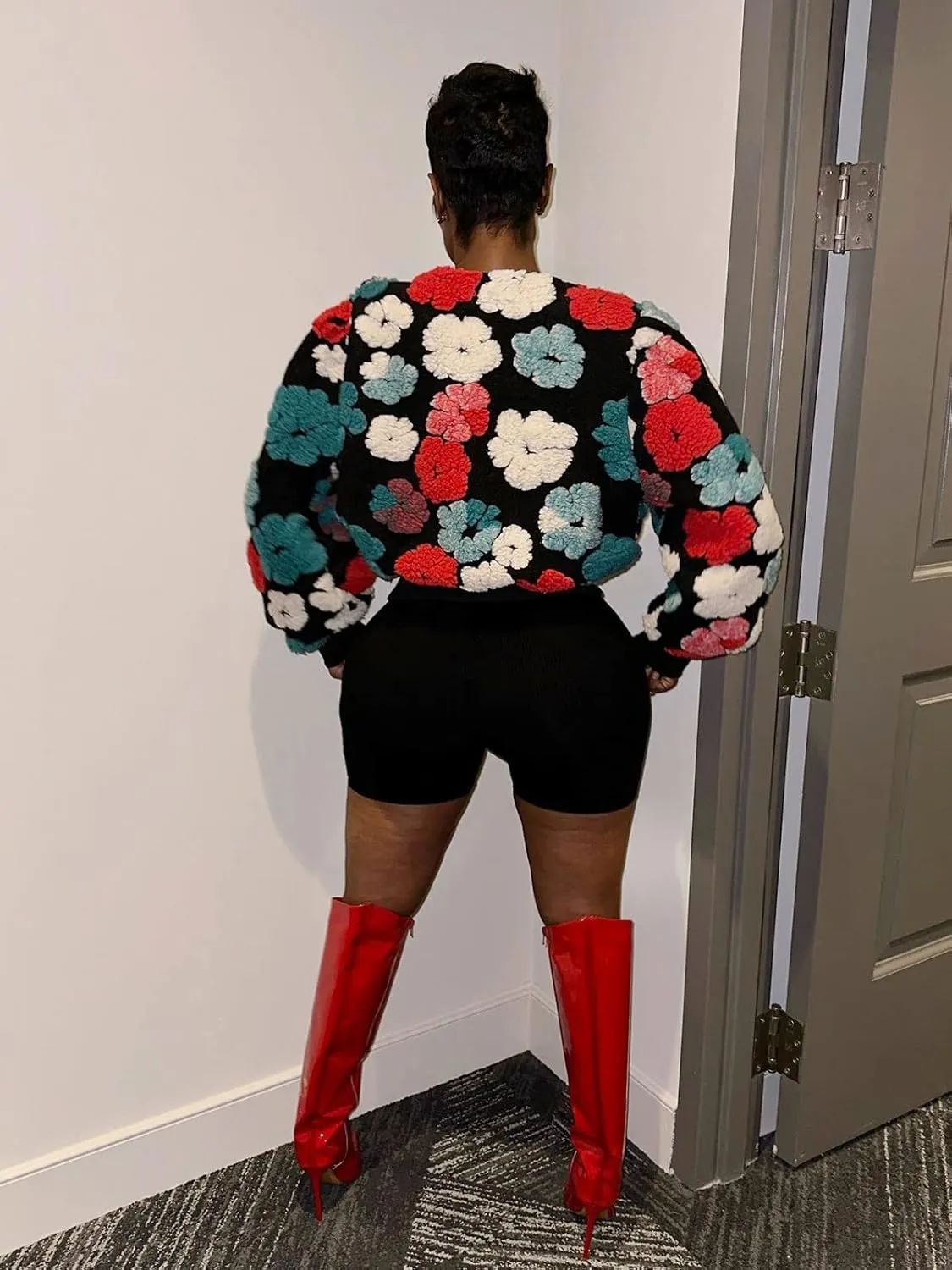 KANSOON Wool Coats for Women Floral Puff Sleeve Single Breasted Short Fall Winter Jacket