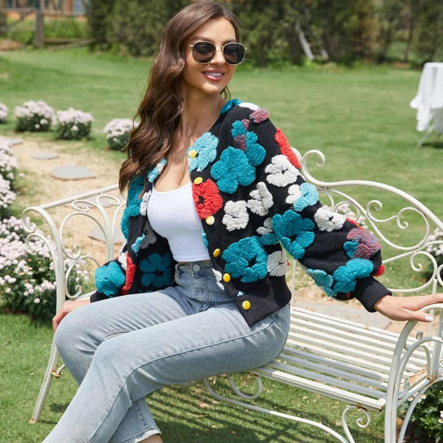 KANSOON Wool Coats for Women Floral Puff Sleeve Single Breasted Short Fall Winter Jacket