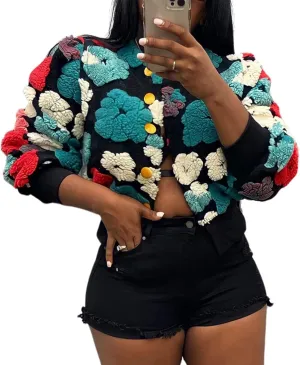 KANSOON Wool Coats for Women Floral Puff Sleeve Single Breasted Short Fall Winter Jacket