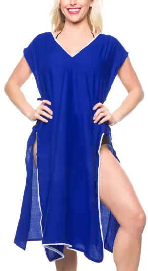 LA LEELA Bikini Swim Beach wear Swimsuit Cover ups Women Caftan Dress Solid OSFM 8-14 [M- L] Blue_B788