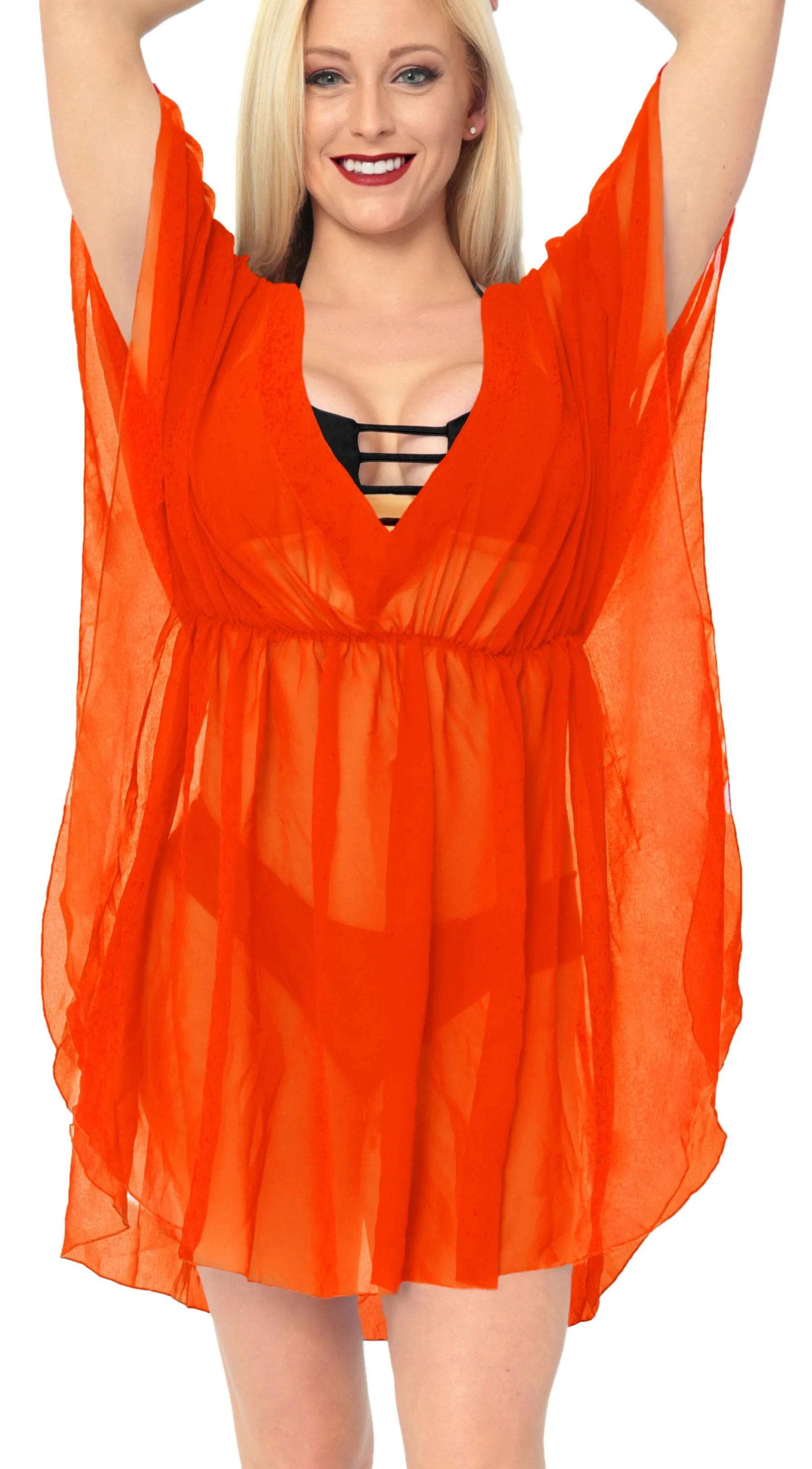 LA LEELA Bikni Swimwear Chiffon Solid Beach Swim Cover Up OSFM 8-16W [M- 1X] Orange_846