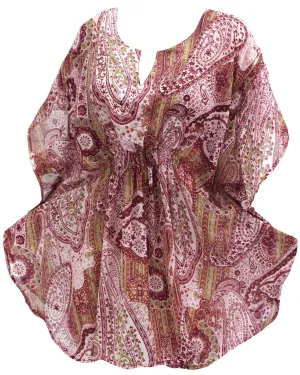 LA LEELA Petite Womenâ€™s Boho Sweet Heart Neck Tunic Tops Blouse Long  Swimsuit Cover up US 8-14 Maroon_C465