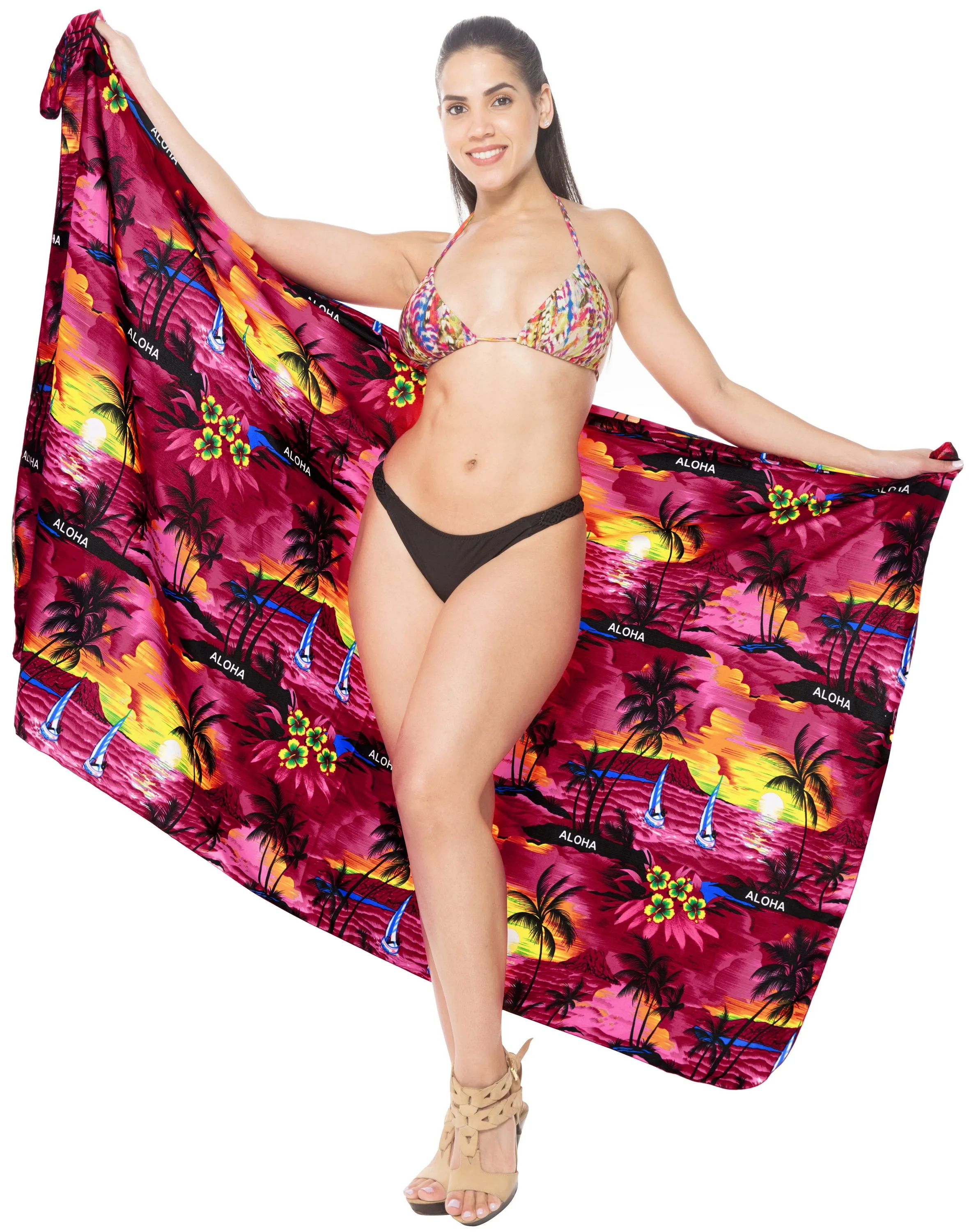 LA LEELA Women's Pareo Canga Sarong Skirt Swimwear Cover Up One Size Pink_E416