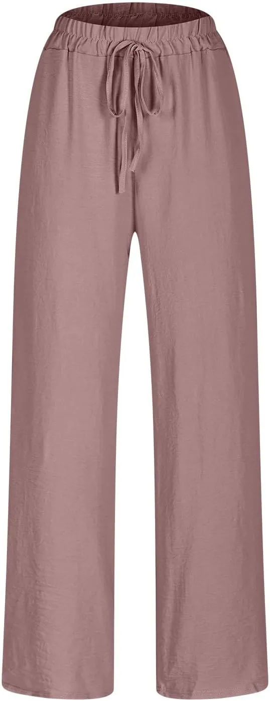 Ladies Solid Color Summer Trousers Cotton and Linen Loose Drawstring Casual Pants High Waist Wide Leg Pant for Lounge