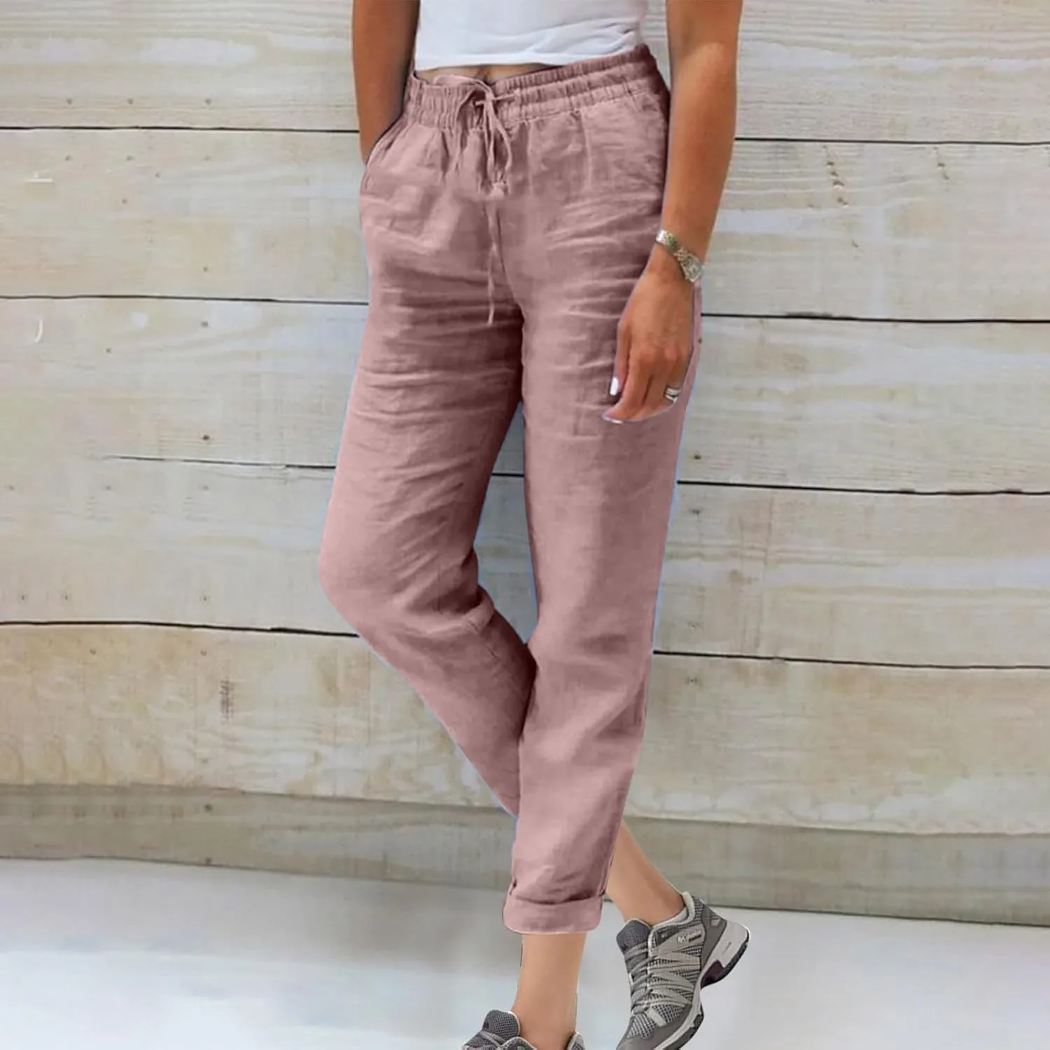 Ladies Solid Color Summer Trousers Cotton and Linen Loose Drawstring Casual Pants High Waist Wide Leg Pant for Lounge