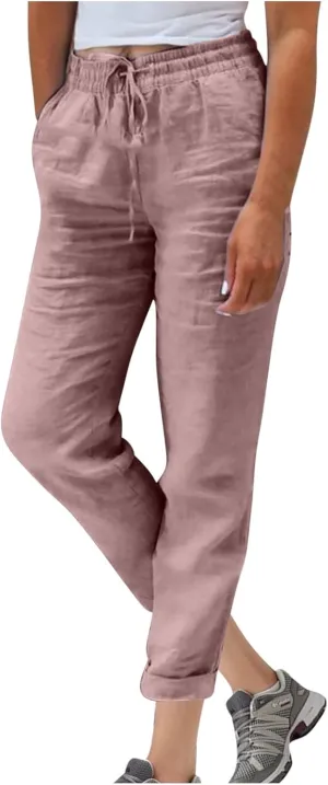 Ladies Solid Color Summer Trousers Cotton and Linen Loose Drawstring Casual Pants High Waist Wide Leg Pant for Lounge