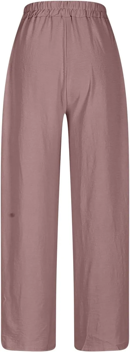 Ladies Solid Color Summer Trousers Cotton and Linen Loose Drawstring Casual Pants High Waist Wide Leg Pant for Lounge