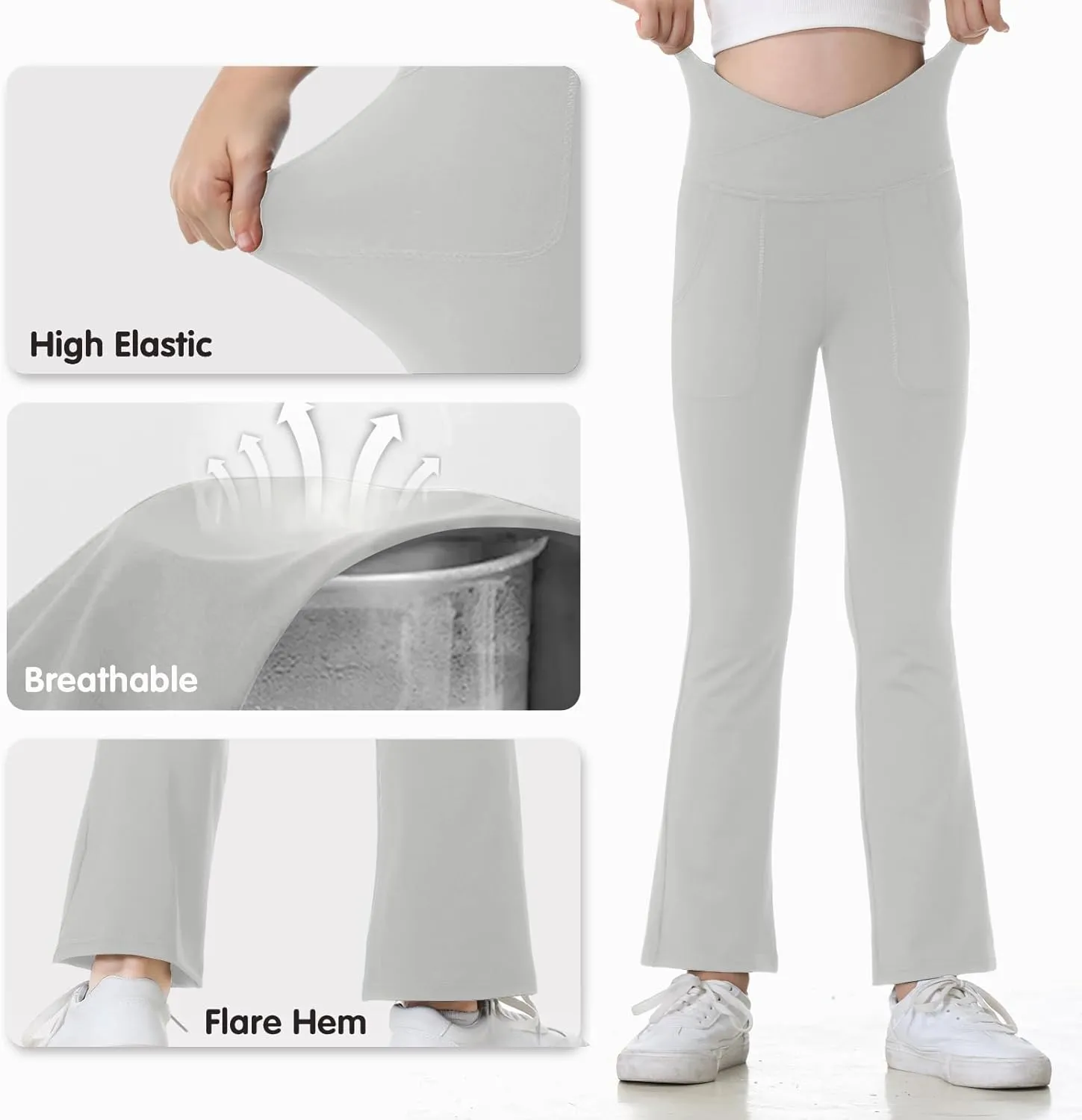 Leggings with Pockets for Girls Solid Black Stretch High Waist Tummy Control Workout Dance Bootcut Yoga Pants
