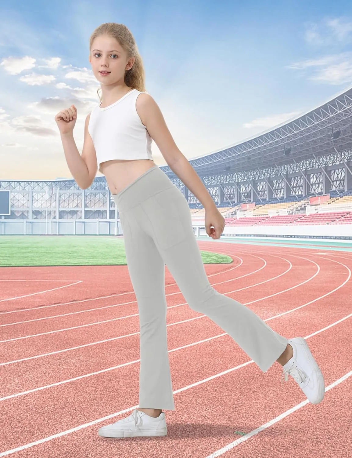 Leggings with Pockets for Girls Solid Black Stretch High Waist Tummy Control Workout Dance Bootcut Yoga Pants