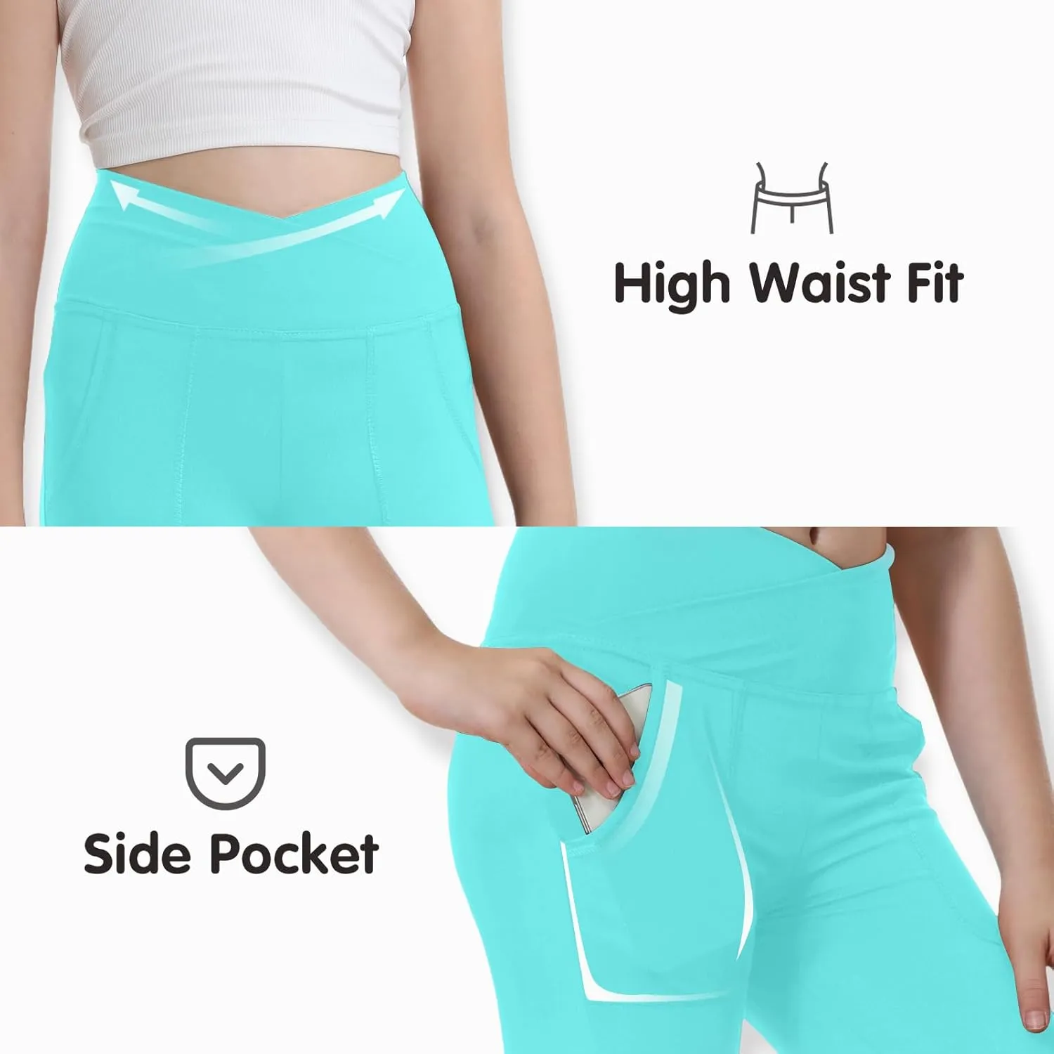 Leggings with Pockets for Girls Solid Black Stretch High Waist Tummy Control Workout Dance Bootcut Yoga Pants