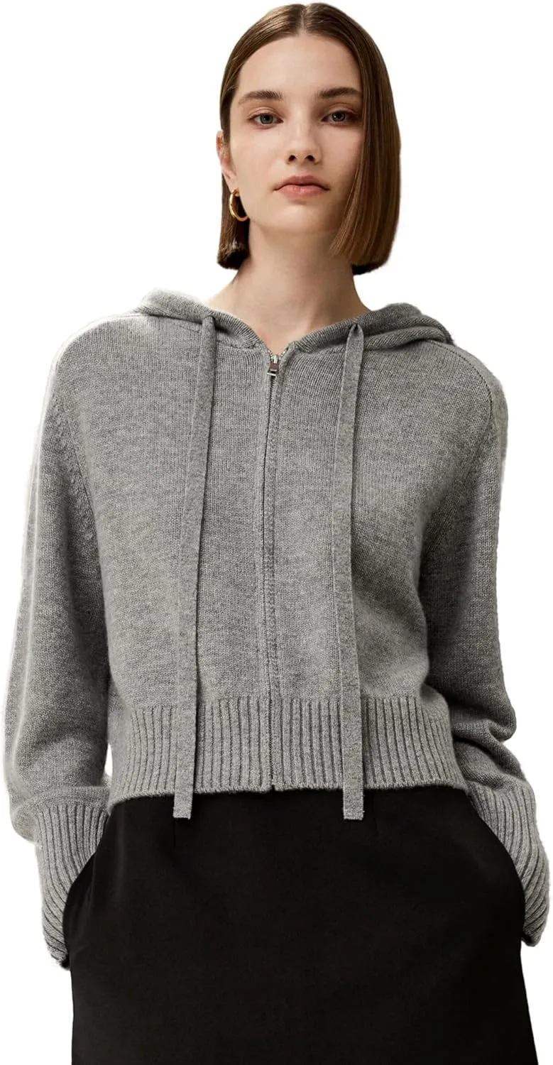 LilySilk Wool Cashmere Cardigan for Women Hoodie Short Zip-Up Sweater Casual Lightweight Warm Winter Knit Outerwear