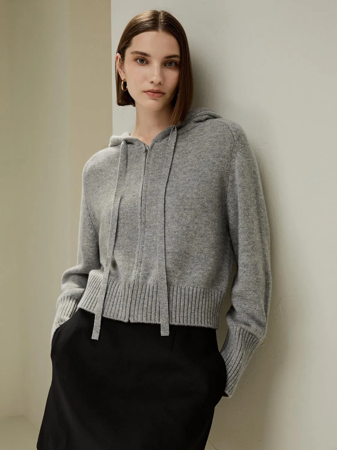 LilySilk Wool Cashmere Cardigan for Women Hoodie Short Zip-Up Sweater Casual Lightweight Warm Winter Knit Outerwear