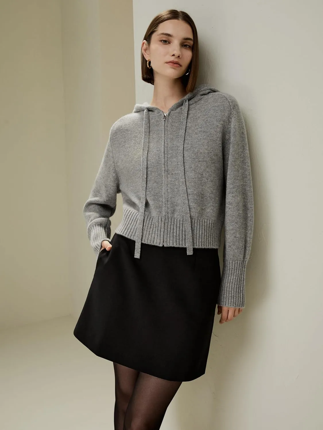 LilySilk Wool Cashmere Cardigan for Women Hoodie Short Zip-Up Sweater Casual Lightweight Warm Winter Knit Outerwear