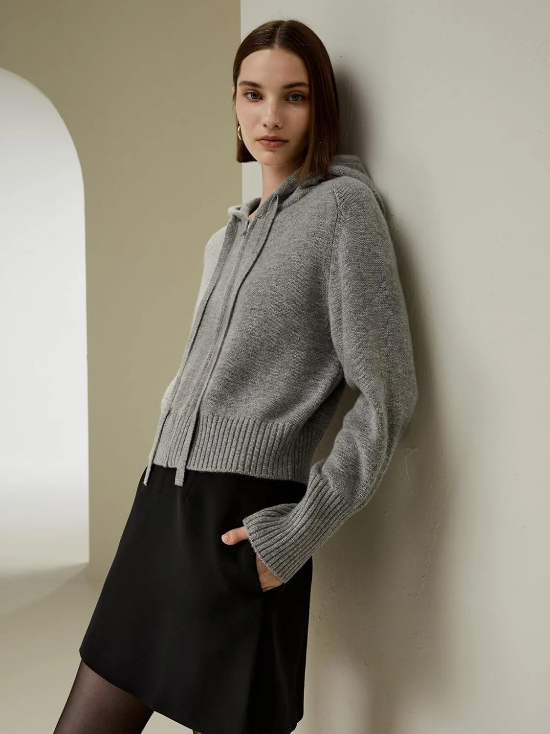 LilySilk Wool Cashmere Cardigan for Women Hoodie Short Zip-Up Sweater Casual Lightweight Warm Winter Knit Outerwear
