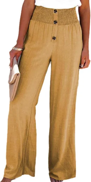 Linen Blend High Rise Smocked Pants for Women,Summer Comfort Casual Loose Trousers Elastic Wide Leg Pants with Pocket