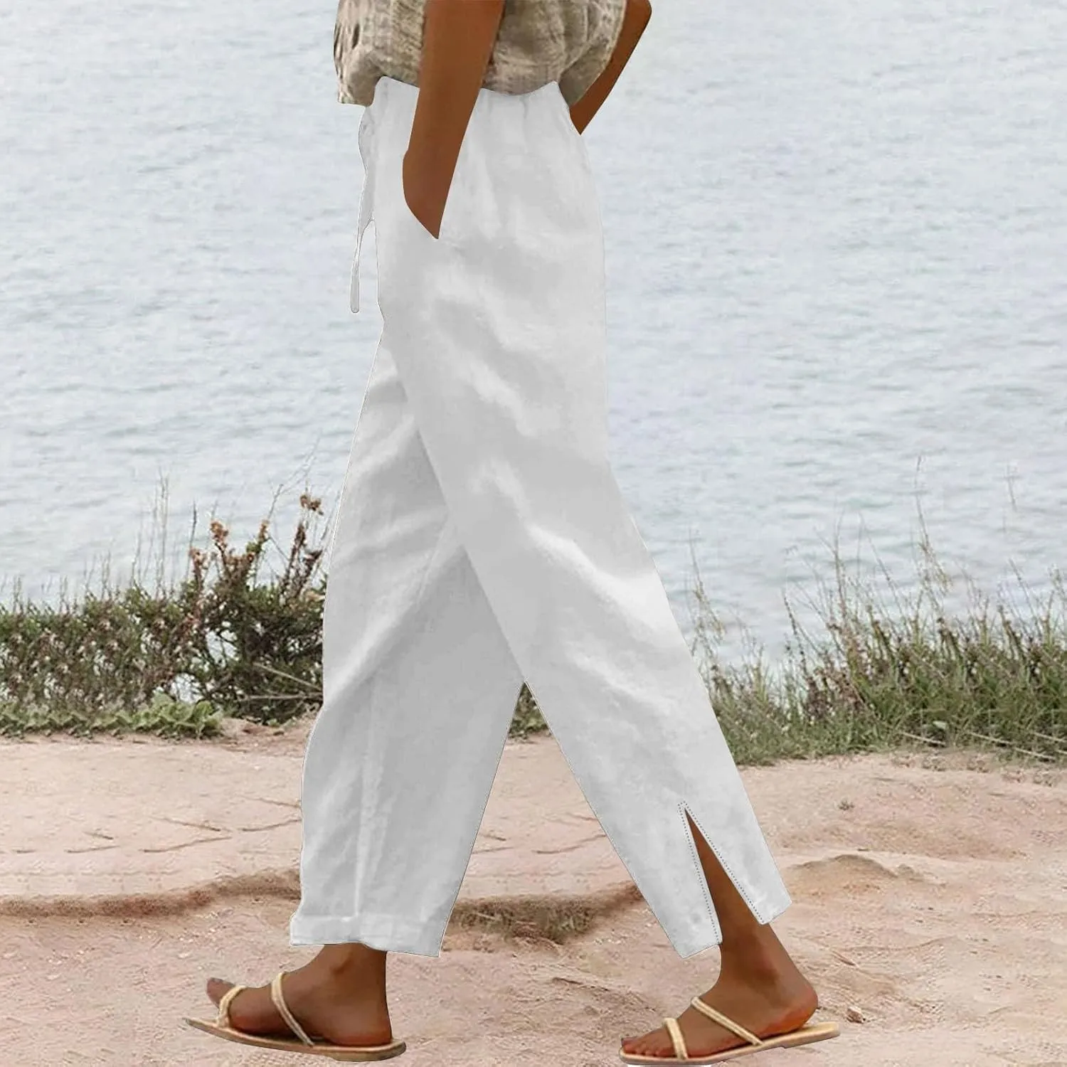 Linen Pants Women High Waisted Elastic Drawstring Beach Pants Casual Loose Lightweight Wide Leg Trousers with Pockets