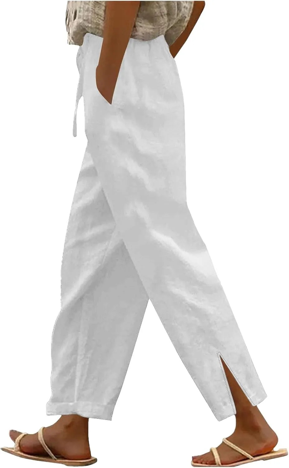 Linen Pants Women High Waisted Elastic Drawstring Beach Pants Casual Loose Lightweight Wide Leg Trousers with Pockets