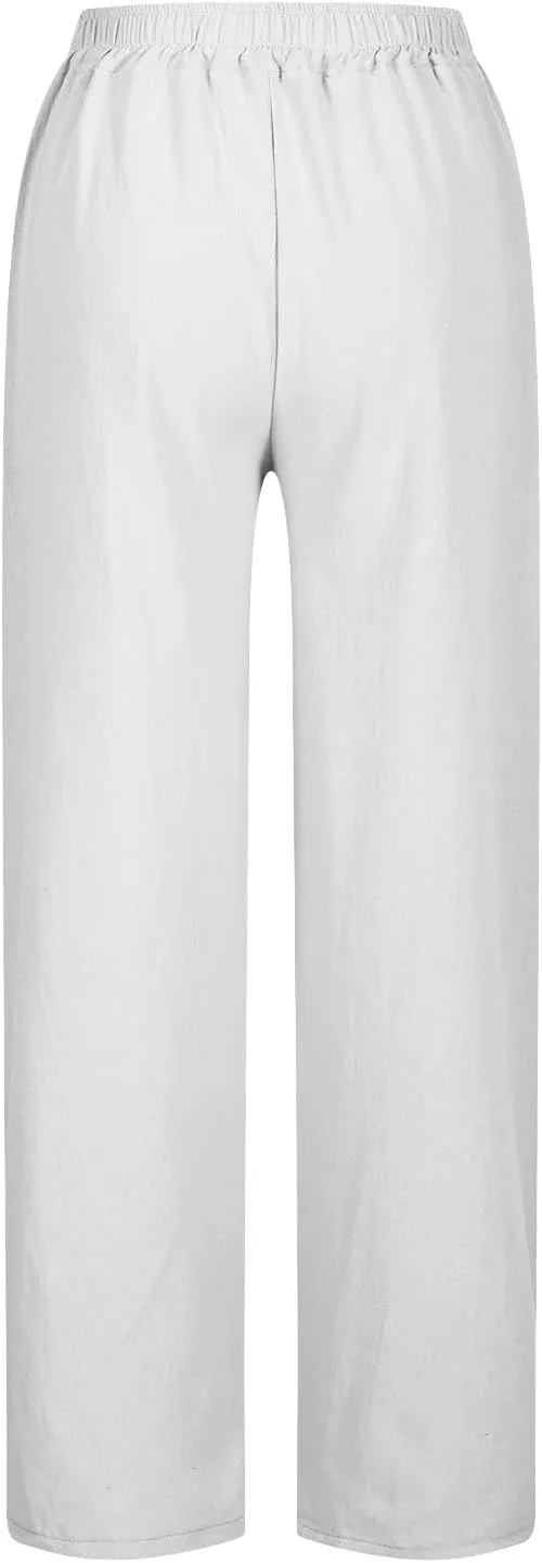 Linen Pants Women High Waisted Elastic Drawstring Beach Pants Casual Loose Lightweight Wide Leg Trousers with Pockets