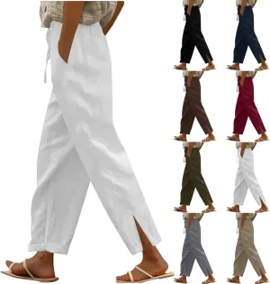 Linen Pants Women High Waisted Elastic Drawstring Beach Pants Casual Loose Lightweight Wide Leg Trousers with Pockets