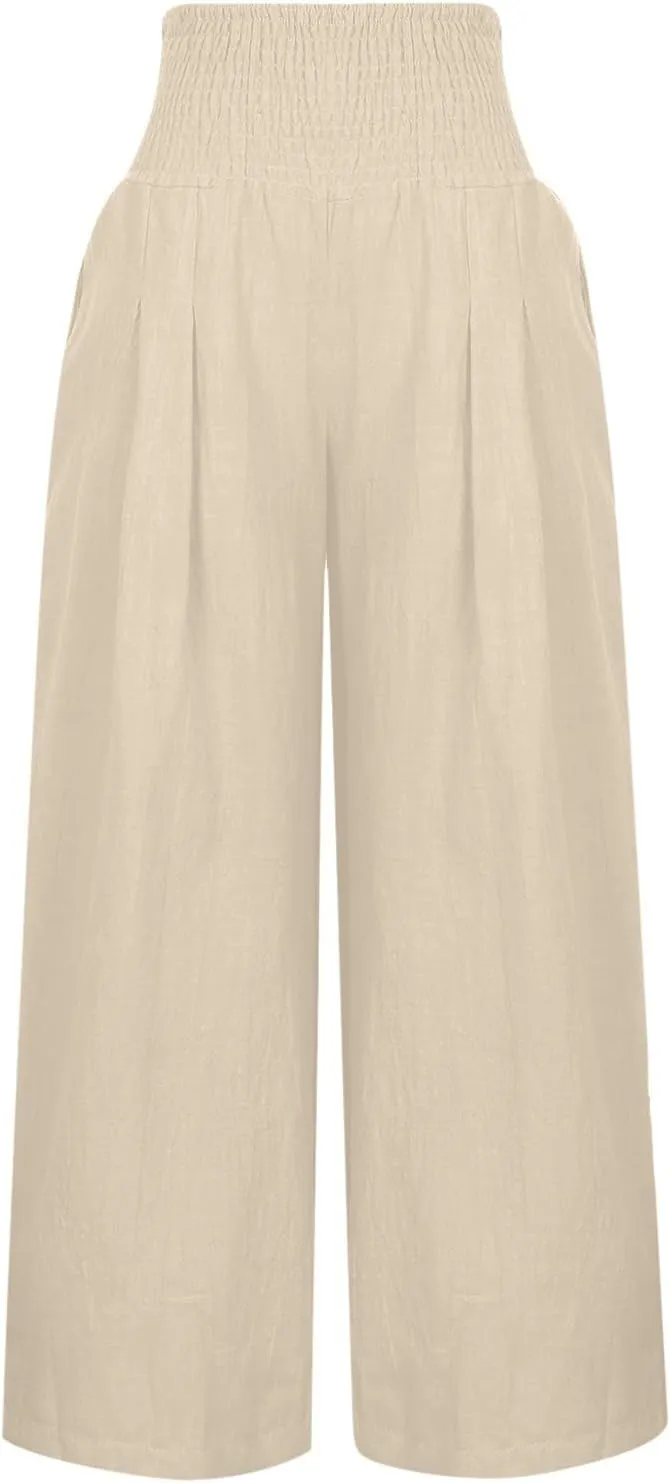 Linen Pants Women Summer Wide Leg Palazzo Pants High Waisted Casual Lounge Loose Beach Trousers with Pockets